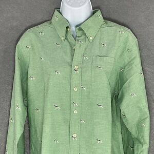 Lands' End‎ Kids Button Down Shirt Dog Embroidery Long Sleeve Green Size 18